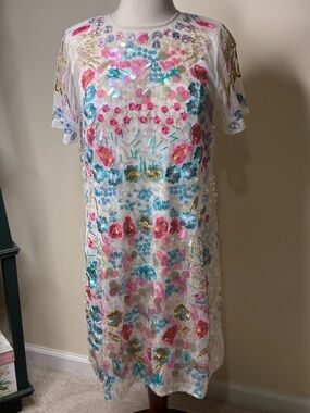Francis Valentine Embellished Floral Sequin Dress - White with Pink & Turquoise